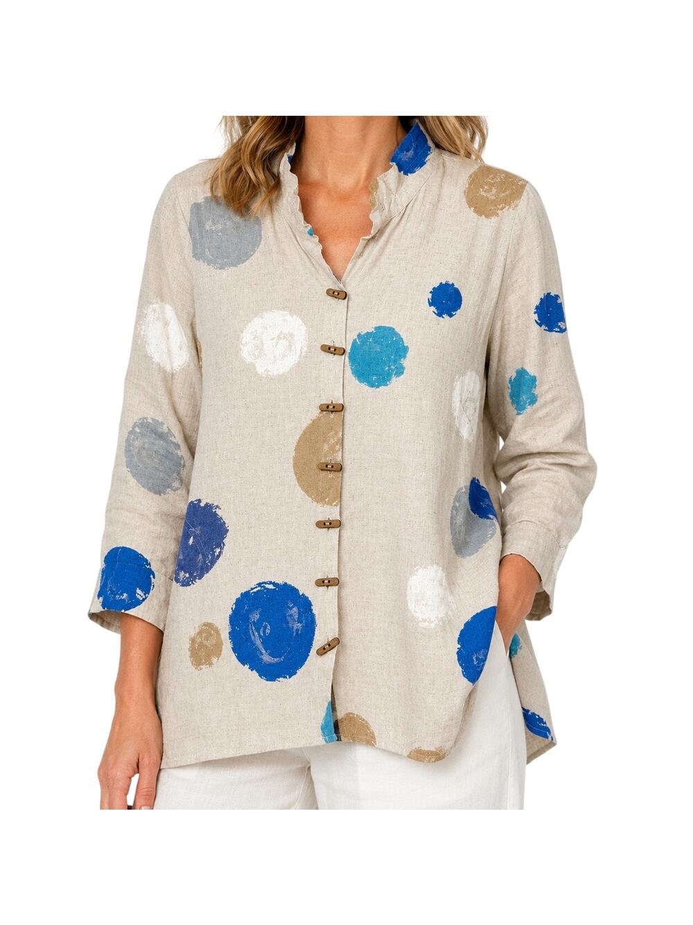 Ali Miles Sz Medium LINEN BLEND Blue Beige Wearable Art Beach Blouse Shirt Top - Picture 1 of 13